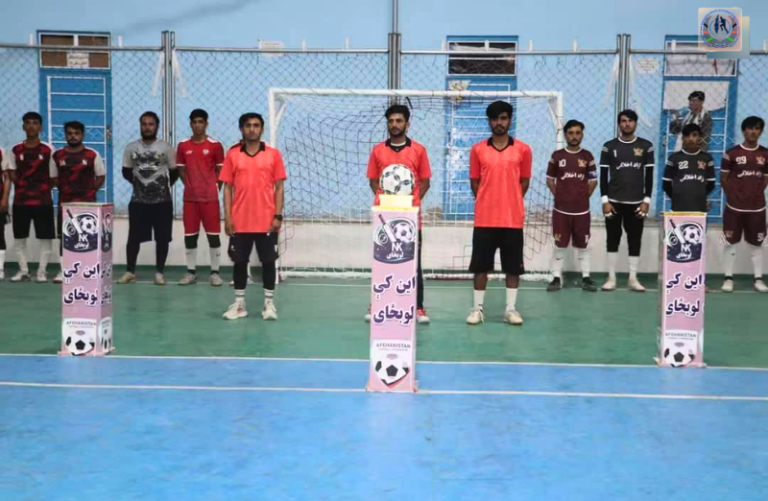 Azad Akhlaqi and Omid Jawidan players during the Helmand futsal league