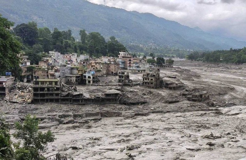 Flood damage across Trishuli Bazar in Nepal