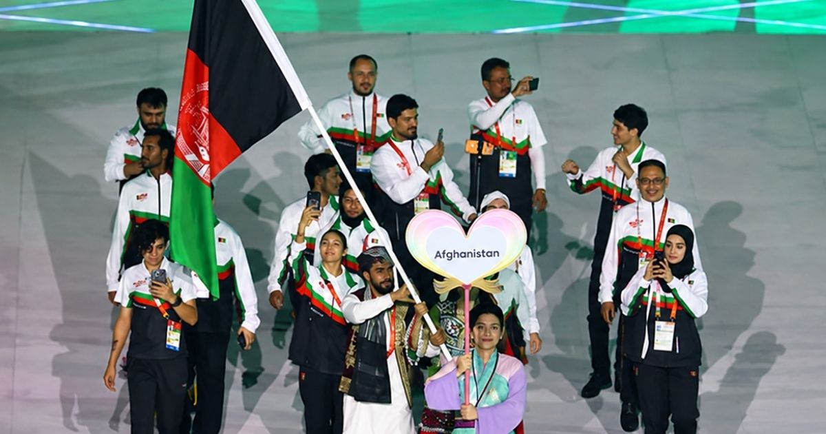 Afghanistan athletes march during the opening ceremony of the 2026 Asian Games in Nagoya, Japan