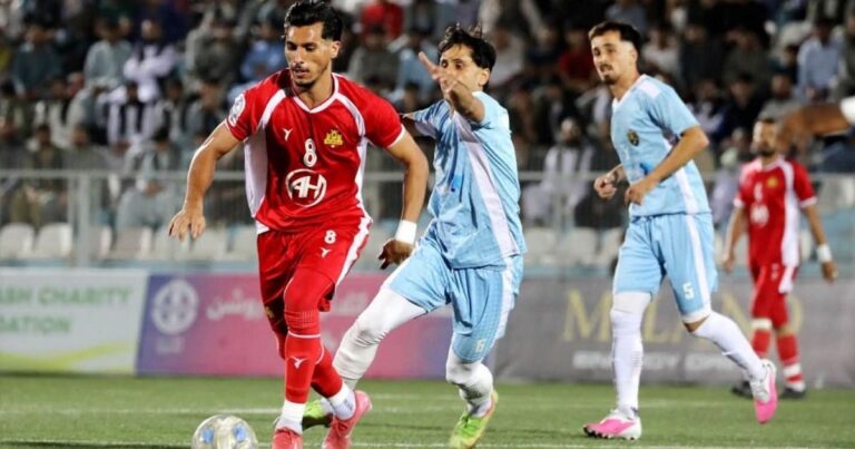 Abu Muslim Farah and Ariana Khost players during their Afghanistan Champions League match in Kabul