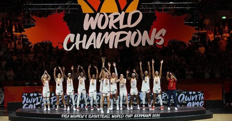 United States women's basketball players celebrate their 2026 World Cup victory in Berlin.