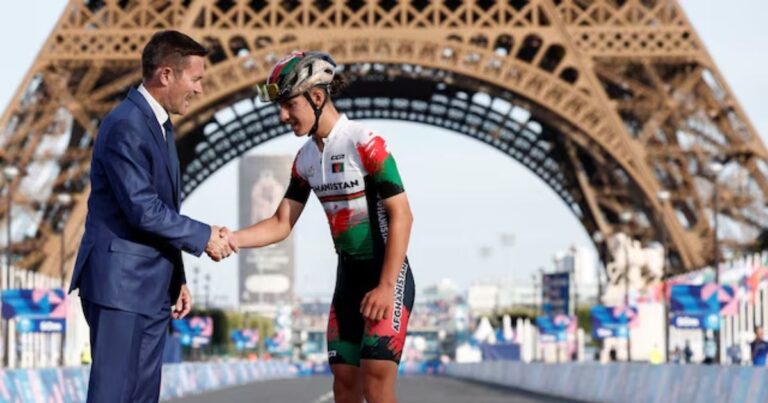 Afghan cyclist Fariba Hashimi in the Afghanistan team kit at the Paris 2024 Olympic Games