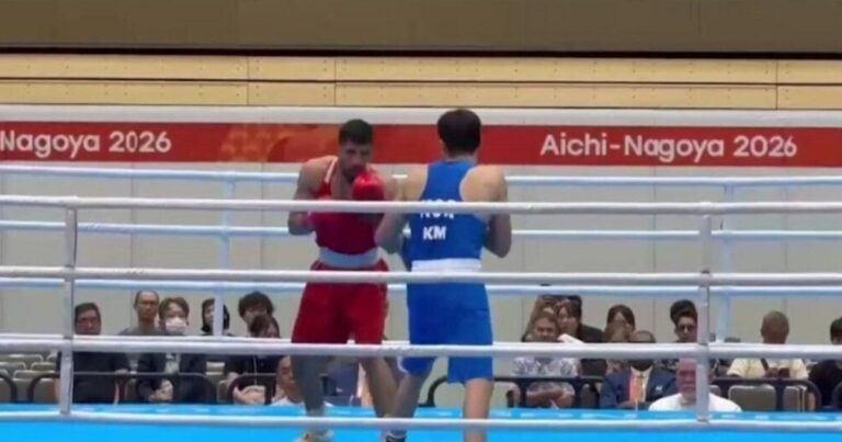 Afghanistan boxer Mohammad Ibrahim Frotan competing in the men’s 70kg division