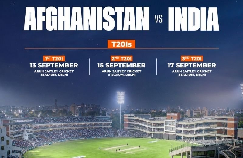 Official Afghanistan versus India T20I series graphic showing the three New Delhi match dates