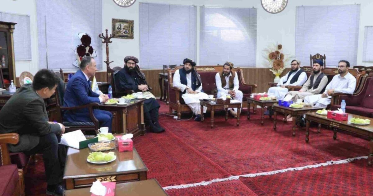 Kazakhstan ambassador Gaziz Akbassov meeting Ahmadullah Wasiq in Kabul to discuss sports cooperation