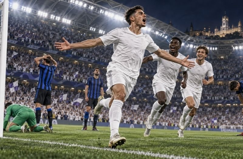 Real Madrid players celebrating during their Champions League victory over Inter Milan