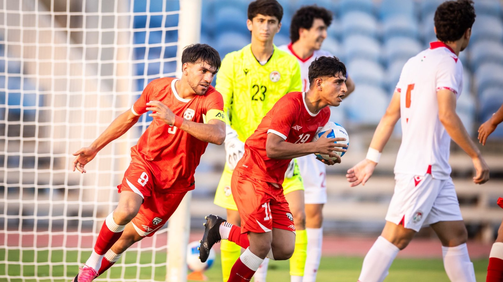 Afghanistan U20 players celebrate their goal against Tajikistan in the AFC U20 Asian Cup 2027 qualifiers
