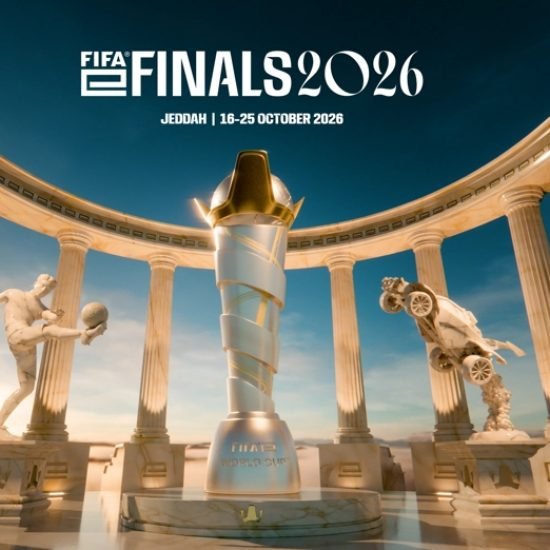 FIFAe Finals 2026 Jeddah campaign artwork featuring the trophy between eFootball and Rocket League figures
