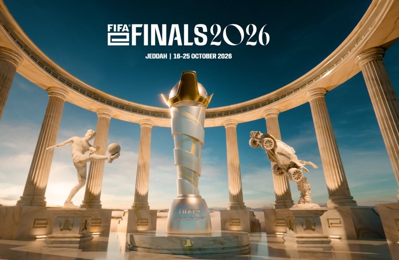 FIFAe Finals 2026 Jeddah campaign artwork featuring the trophy between eFootball and Rocket League figures