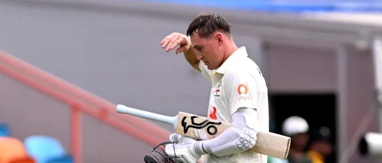 Marnus Labuschagne bowls for Australia during a Test match at Perth Stadium.