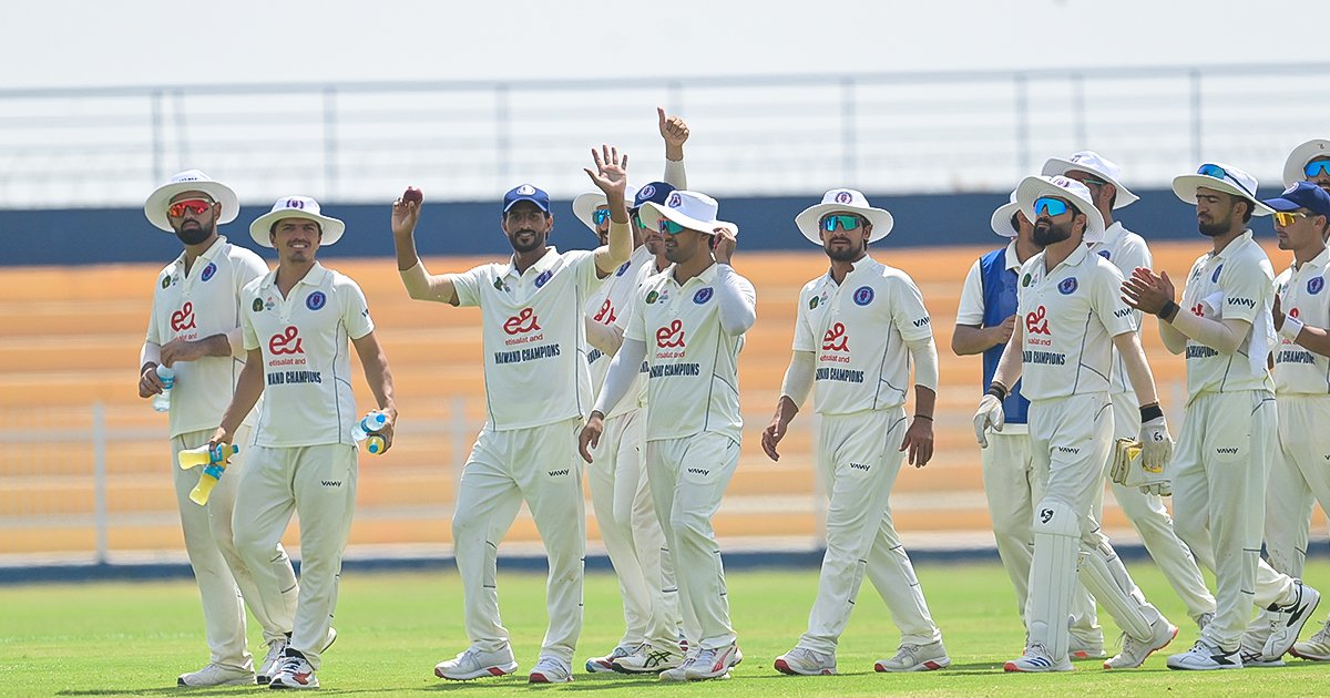 Maiwand Champions players celebrate during their Ahmad Shah Abdali First Class Tournament match against Mahipar Stars