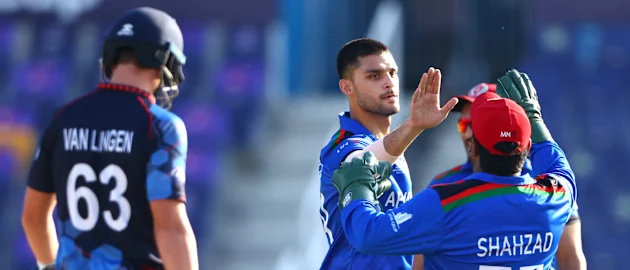 Naveen-ul-Haq celebrates with Afghanistan teammates during an international cricket match