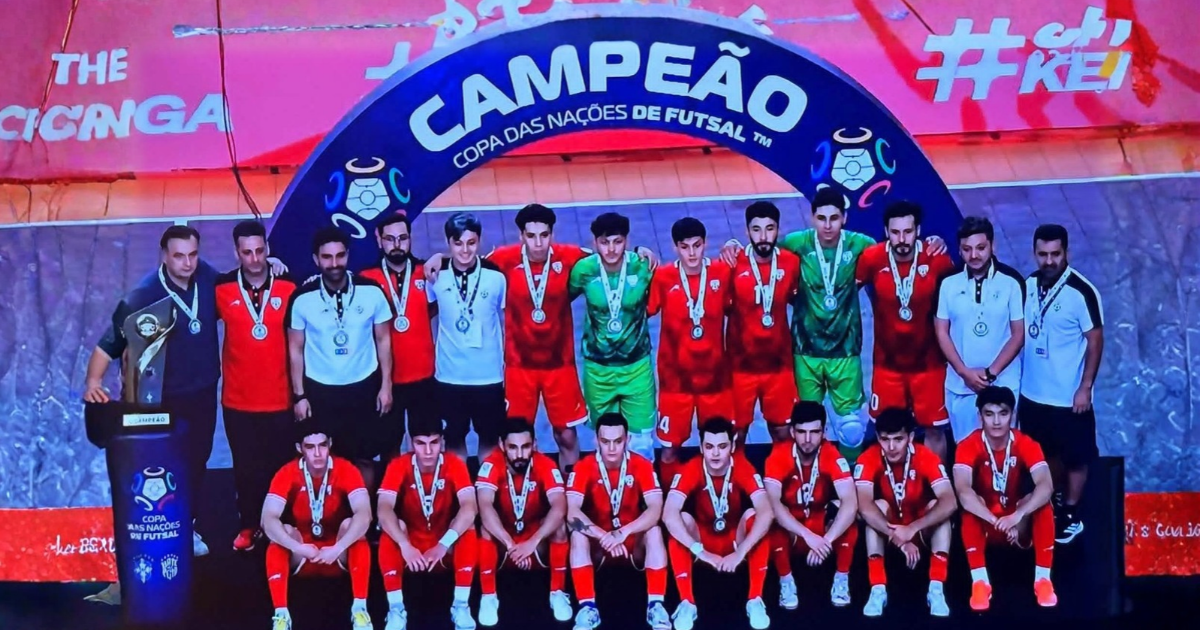 Afghanistan and Brazil national futsal players competing in the final of the 2026 Futsal Nations Cup.