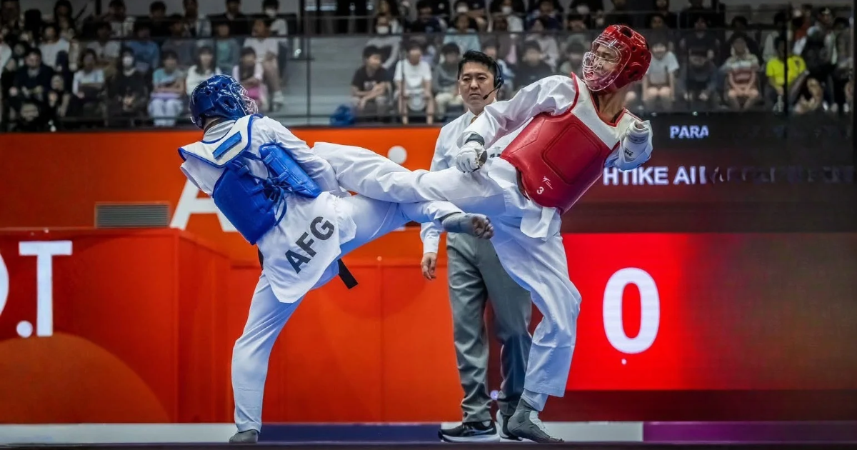 Afghan para-taekwondo athlete Ali Sajjad Hamraz competing at the 2026 Asian Para Games in Japan.