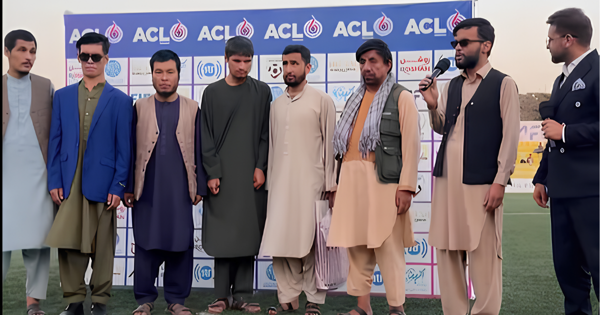 Blind journalist Sayed Mohammad Yazdanparast and fellow disability advocates visiting the Afghanistan Football Federation during the Champions League
