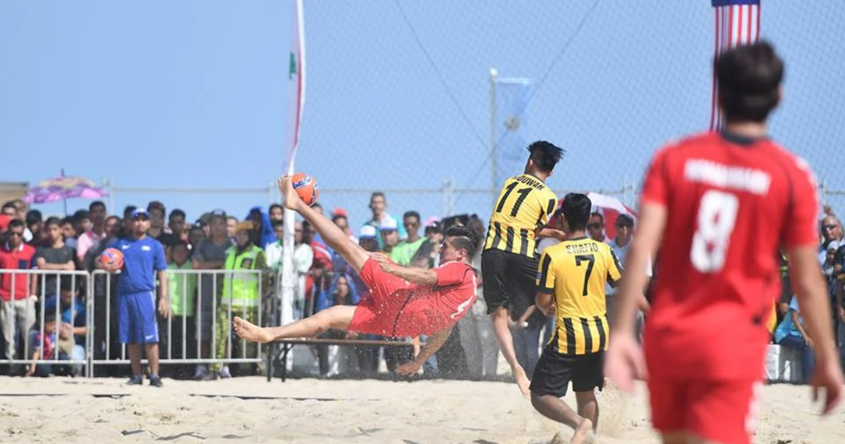 Afghanistan national beach soccer team players taking part in a training session