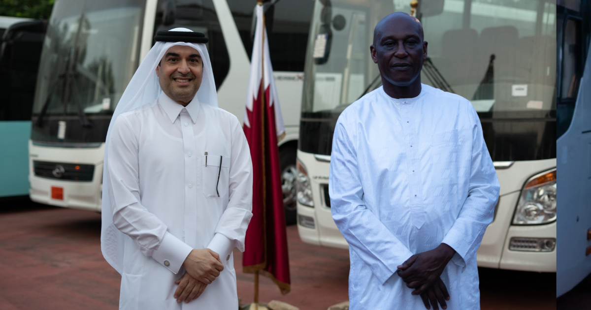 Modou Bara Gaye, Mamadou Diagna Ndiaye and Qatar's Ambassador Youssef Shaban Ibrahim Al Sada at the Dakar 2026 equipment handover ceremony