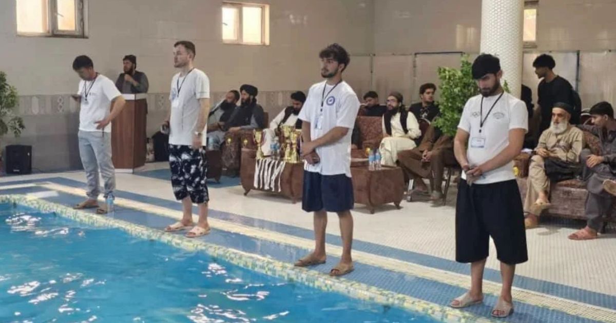 University swimmers competing at the Baran Aquatic Sports Complex in Kabul.