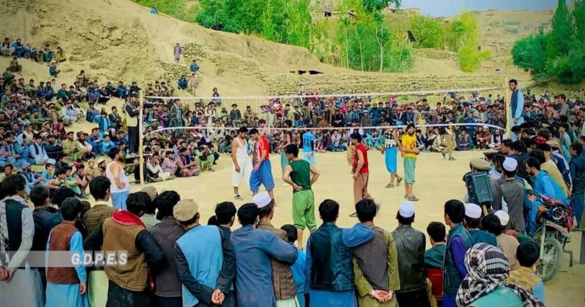 Players and spectators at the Arghand versus Aten Jalo volleyball final in Argo district, Badakhshan