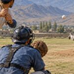Editorial illustration of a baseball game, created for the report on Spin Ghar’s 7–4 win over Bost in Nangarhar. This is not a photograph of the actual match.